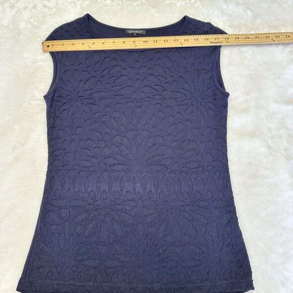 Leo Guy Women's Navy Blue Laser-Cut Cotton Round Neck Cap Sleeve Top Sz 6/8 - Picture 6 of 10